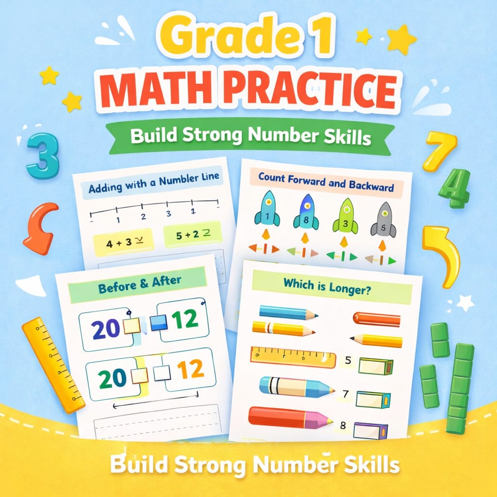 Grade 1 Mega Learning Bundle – 100+ Printable Worksheets (Math, English, Urdu & Science)