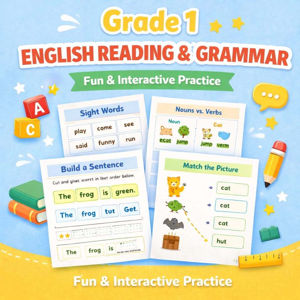 Grade 1 Mega Learning Bundle – 100+ Printable Worksheets (Math, English, Urdu & Science)